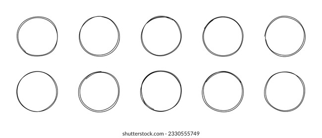 Hand drawn circle frame vector set. Circles sketch collection in doodle style isolated on white background. Round frames graphic design elements in linear style. Vector illustration