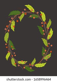 Hand drawn circle frame /wreath of spring branches against dark background. Vector illustration