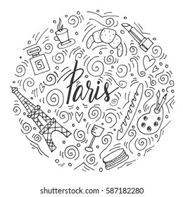 The hand drawn circle of french and Paris symbols. Easy to edit. Perfect for background or some souvenir products. 