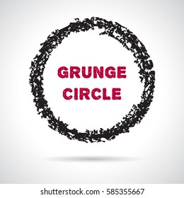 Hand drawn circle. Grunge textured round frame. Abstract button hand painted with pastel crayon. Ornamental doodle shape. Graphic design element with shadow. Decorative vector illustration.