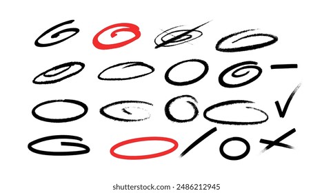 Conjunto de esbozo de línea de resaltador de círculo dibujado a mano. Vector marcador líneas circulares, garabatos círculos redondos 