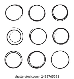 Hand drawn circle highlighter line sketch set. Black vector marker circular lines, doodle round circles for message note mark design element. Vector illustration.