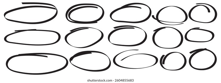 Hand drawn circle highlighter line sketch set. Red circle, pen draw. Vector marker circular lines, doodle round circles for message note mark design element. Different circles vector illustration