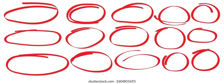 Hand drawn circle highlighter line sketch set. Red circle, pen draw. Vector marker circular lines, doodle round circles for message note mark design element. Different circles vector illustration