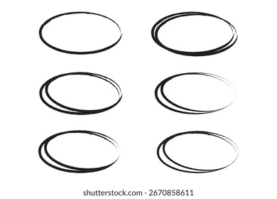 Conjunto de esboços de linha de marca-texto em círculo desenhado à mão. Linhas circulares de marcador vetorial, rabiscar círculos circulares para o elemento de design de marca de nota de mensagem. Esboço em lápis ou em balão