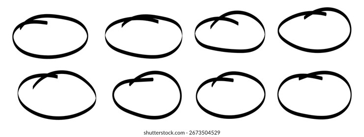 Conjunto de esbozo de línea de resaltador de círculo dibujado a mano. Líneas circulares del marcador del Vector, círculos redondos del garabato para el elemento de diseño de la marca de la nota del mensaje. Boceto de burbuja de lápiz o pluma