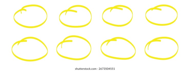 Conjunto de esboços de linha de marca-texto em círculo desenhado à mão. Linhas circulares de marcador vetorial, rabiscar círculos circulares para o elemento de design de marca de nota de mensagem. Esboço em lápis ou em balão