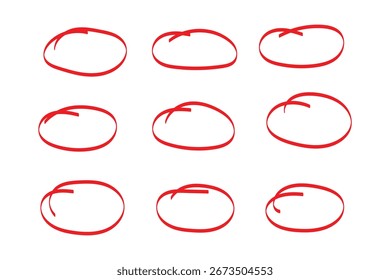 Conjunto de esboços de linha de marca-texto em círculo desenhado à mão. Linhas circulares de marcador vetorial, rabiscar círculos circulares para o elemento de design de marca de nota de mensagem. Esboço em lápis ou em balão