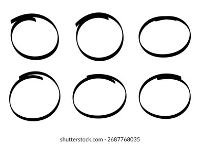 Conjunto de esboços de linha de marca-texto em círculo desenhado à mão. Linhas circulares de marcador vetorial, rabiscar círculos circulares para o elemento de design de marca de nota de mensagem. Destaque a mão desenhando diferentes círculos isolados no fundo.