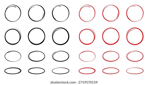 Conjunto de esbozo de línea de resaltador de círculo dibujado a mano. Líneas circulares del marcador del Vector, círculos redondos del garabato para el elemento de diseño de la marca de la nota del mensaje. Boceto de burbuja de lápiz o pluma