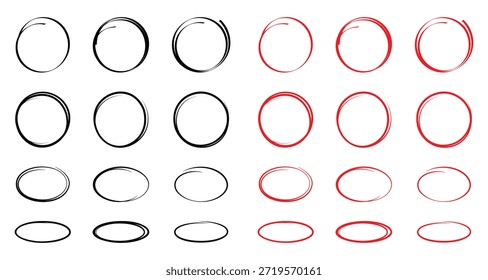 Conjunto de esbozo de línea de resaltador de círculo dibujado a mano. Líneas circulares del marcador del Vector, círculos redondos del garabato para el elemento de diseño de la marca de la nota del mensaje. Boceto de burbuja de lápiz o pluma
