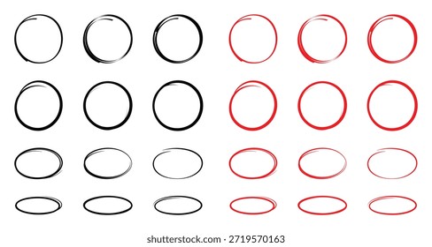 Conjunto de esbozo de línea de resaltador de círculo dibujado a mano. Líneas circulares del marcador del Vector, círculos redondos del garabato para el elemento de diseño de la marca de la nota del mensaje. Boceto de burbuja de lápiz o pluma
