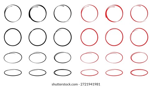 Conjunto de esbozo de línea de resaltador de círculo dibujado a mano. Líneas circulares del marcador del Vector, círculos redondos del garabato para el elemento de diseño de la marca de la nota del mensaje. Conjunto de boceto de burbuja de lápiz o pluma. Ilustración vectorial