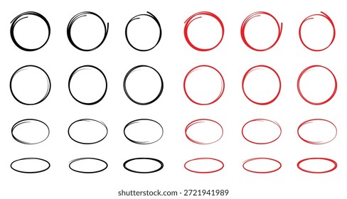 Conjunto de esbozo de línea de resaltador de círculo dibujado a mano. Líneas circulares del marcador del Vector, círculos redondos del garabato para el elemento de diseño de la marca de la nota del mensaje. Conjunto de boceto de burbuja de lápiz o pluma. Ilustración vectorial