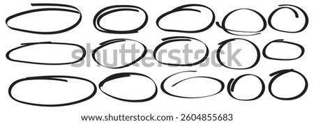 Hand drawn circle highlighter line sketch set. Red circle, pen draw. Vector marker circular lines, doodle round circles for message note mark design element. Different circles vector illustration