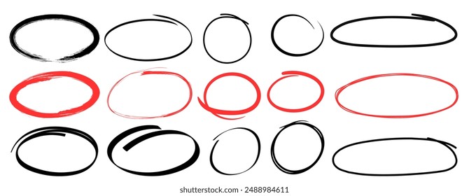 Conjunto de resaltador de círculo dibujado a mano. Círculo, dibujo a lápiz. Marcador de Vector líneas circulares, círculos redondos doodle para el elemento de diseño de marca de nota de mensaje. Diferentes Ilustraciones vectoriales.