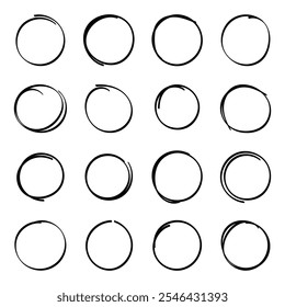 Hand drawn circle highlighter set. Circle, pen draw. Vector marker circular lines, doodle round circles for message note mark design element. Different circles vector illustration. EPS 10.