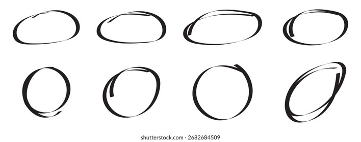 Conjunto de resaltador de círculo dibujado a mano. Círculo, dibujo a pluma. Líneas circulares del marcador del Vector, círculos redondos del garabato para el elemento de diseño de la marca de la nota del mensaje. Diferentes círculos de Ilustración vectorial.
