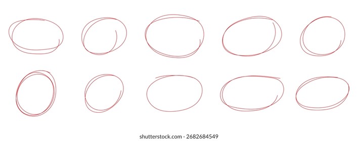 Conjunto de marca-texto circular desenhado à mão. Círculo, desenho de caneta. Linhas circulares de marcador vetorial, rabiscar círculos circulares para o elemento de design de marca de nota de mensagem. Ilustração vetorial de círculos diferentes.