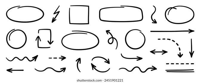 Handgezeichneter Kreis zum Hervorheben von Text. Markieren Sie die Elemente mit den Kreisrahmen. Ellipsen, oval, rund, Blase. Stift, Bleistift oder Marker Formen - Stock Vektorgrafik.