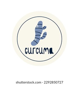 Hand Drawn circle illustrated label spice herb curcuma. Flat vector nature botanical graphic design packaging sticker