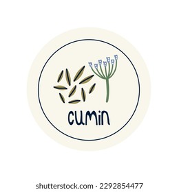 Hand Drawn circle illustrated label spice herb cumin. Flat vector nature botanical graphic design packaging sticker