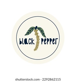 Hand Drawn circle illustrated label spice herb black pepper. Flat vector nature botanical graphic design packaging sticker