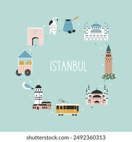 Hand drawn circle illustration with symbols and famous places of Istanbul. Square design, poster, banner for magazines, books, postcards, souvenirs