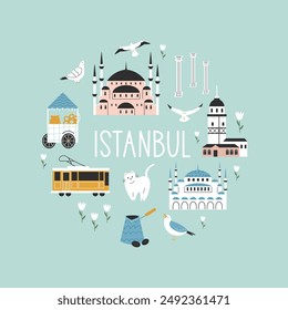 Hand drawn circle illustration with symbols and famous places of Istanbul. Square design, poster, banner for magazines, books, postcards, souvenirs