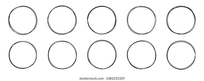 Hand drawn circle line frame set. Vector circle frames in doodle style. Sketch of round or circles elements isolated. Art design of round circular doodle drawn with pencil or pen. Vector illustration
