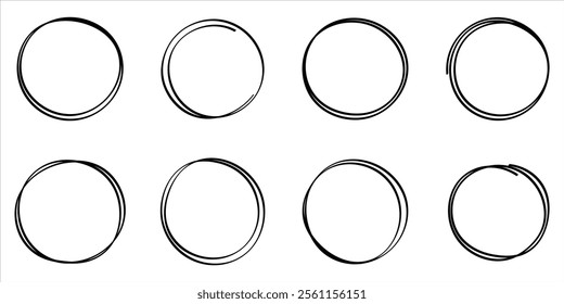 Hand drawn circle line set isolated on white background.
