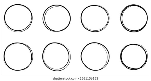Hand drawn circle line set isolated on white background.