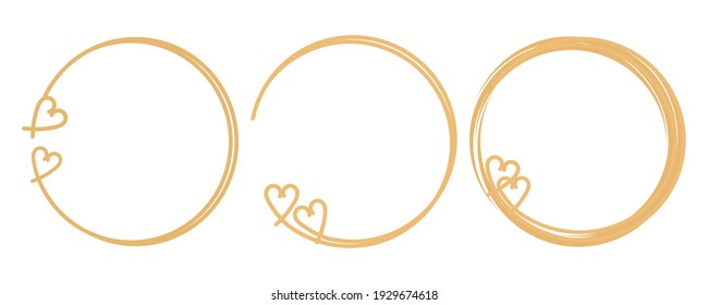 Hand drawn circle line sign with hearts on white background vector. Beautiful gold frames.