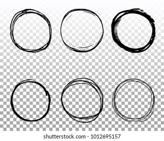 Hand drawn circle line sketch set. Pen or charcoal scribble frame for text presentation on transparent background.