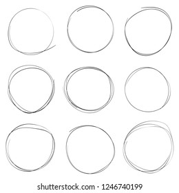 Hand drawn circle line sketch set. Vector circular scribble doodle round circles for message note mark design element. Pencil or pen graffiti bubble or ball draft illustration.