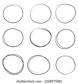 Hand drawn circle line sketch set. Vector circular scribble doodle round circles for message note mark design element. Pencil or pen graffiti bubble or ball draft illustration.