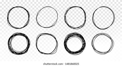 Hand drawn circle line sketch set. Vector circular scribble doodle round circles. Pencil or pen graffiti bubble or ball draft illustration.