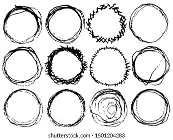 Hand drawn circle line sketch set. Vector circular scribble doodle round frames. Made by pencil or pen.
