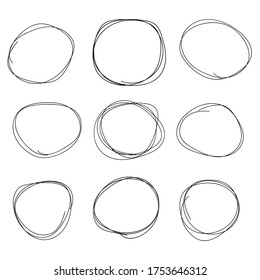 Hand Drawn Circle Line Sketch Set. Vector Circular Scribble Doodle Round Circles For Message Note Mark Design Element. Pencil Or Pen Graffiti Bubble Or Ball Draft Illustration