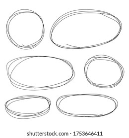 Hand drawn circle line sketch set. Vector circular scribble doodle round circles for message note mark design element. Pencil or pen graffiti bubble or ball draft illustration