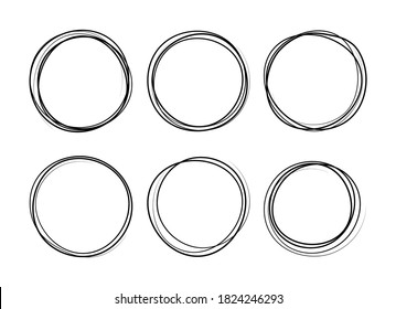 Hand drawn circle line sketch set. Vector circular scribble doodle round circles for message note mark design element. Pencil or pen graffiti bubble or ball draft illustration. 