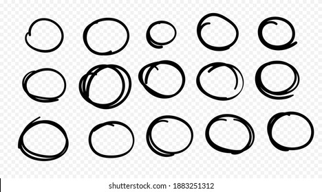 Hand drawn circle line sketch set. Vector circular scribble doodle round circles for message note mark design element. Pencil or pen graffiti bubble or ball draft illustration.