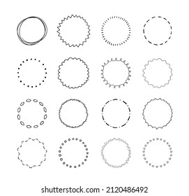 Hand drawn circle line sketch set. Doodle design elements. Different circles badge for frame, burst border. Vector illustration.