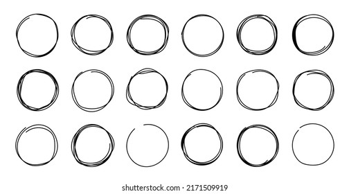 Hand drawn circle line sketch set. Hand drawn round frame vector set isolated on white background. Circular scribble doodle circles for message note mark design element. Pencil or pen graffiti bubble