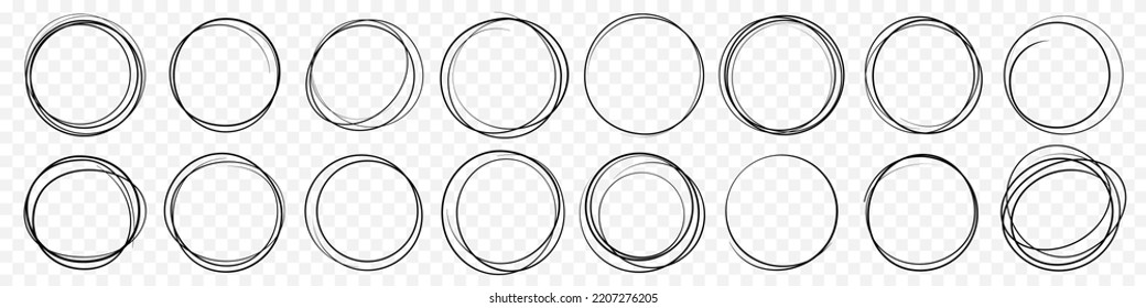 Hand drawn circle line sketch set. Vector circular scribble doodle round circles for message note mark design element. Pencil or pen graffiti  bubble or ball draft illustration