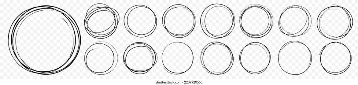 Hand drawn circle line sketch set. Vector circular scribble doodle round circles for message note mark design element. Pencil or pen graffiti  bubble or ball draft illustration