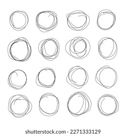 Hand drawn circle line sketch set. Vector circular scribble doodle round circles for message note mark design element. Pencil or pen graffiti bubble or ball draft illustration.