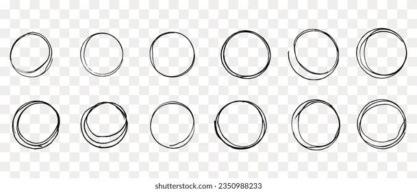 Handgezeichnete Kreiselskizze-Set.Circle frame Set. Runder Rahmen. Gestaltungsrahmen für geometrische Linienkreise. Runde Gestaltungsgrenzen. Handgezeichnete Kreiselskizze.