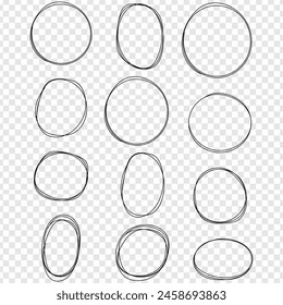 Hand drawn circle line sketch set. Vector circular scribble doodle round circles for message note mark design element. Pencil or pen graffiti bubble or ball draft illustration.