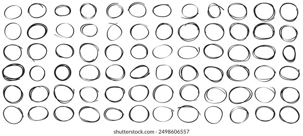 Hand drawn circle line sketch set. Vector circular scribble doodle round circles for message note mark design element. Pencil or pen graffiti bubble or ball draft illustration. EPS 10